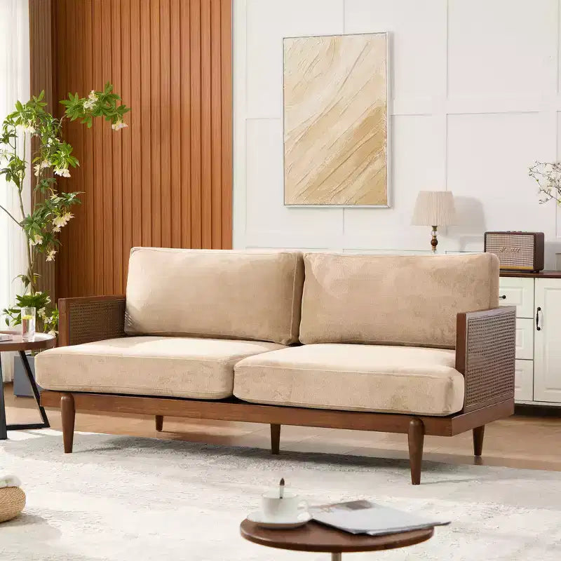 Christopher Knight Home Canapé trois places moderne Quince 72 en velours, bois d'hévéa et rotin avec coussin