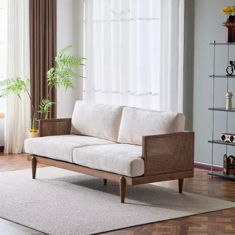 Christopher Knight Home Canapé trois places moderne Quince 72 en velours, bois d'hévéa et rotin avec coussin