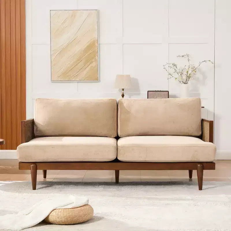 Christopher Knight Home Canapé trois places moderne Quince 72 en velours, bois d'hévéa et rotin avec coussin