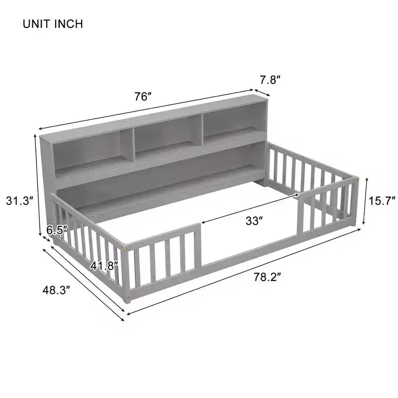 Cadre de lit double/complet Okak avec bibliothèque de chevet et barrières de sécurité, lit au sol de rangement sans porte pour chambre de bébés/enfants