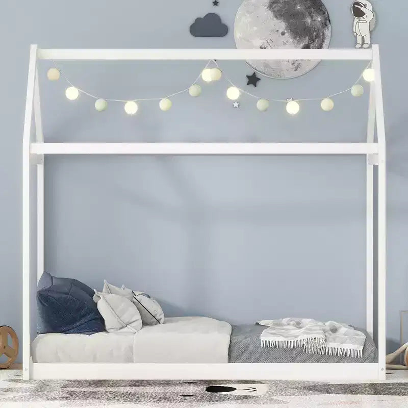 Cadre de lit en bois Okak double en forme de maison, lit au sol moderne pour chambre d'enfant/tout-petits