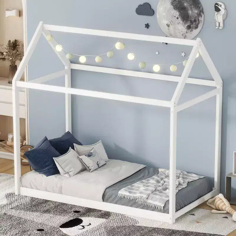Cadre de lit en bois Okak double en forme de maison, lit au sol moderne pour chambre d'enfant/tout-petits