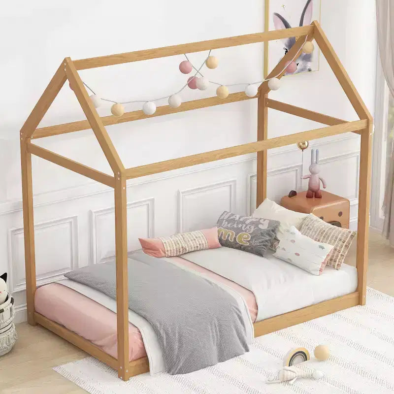 Cadre de lit en bois Okak double en forme de maison, lit au sol moderne pour chambre d'enfant/tout-petits