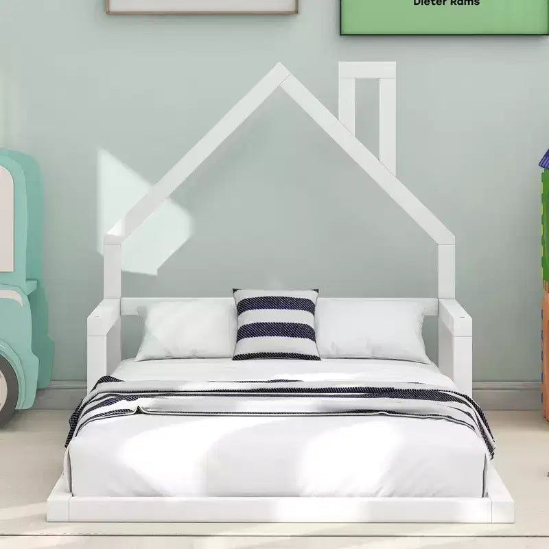 Lit de sol moderne Okak, lit de style cabane avec tête de lit, pour chambre d'enfant/tout-petit, tailles jumeau/double