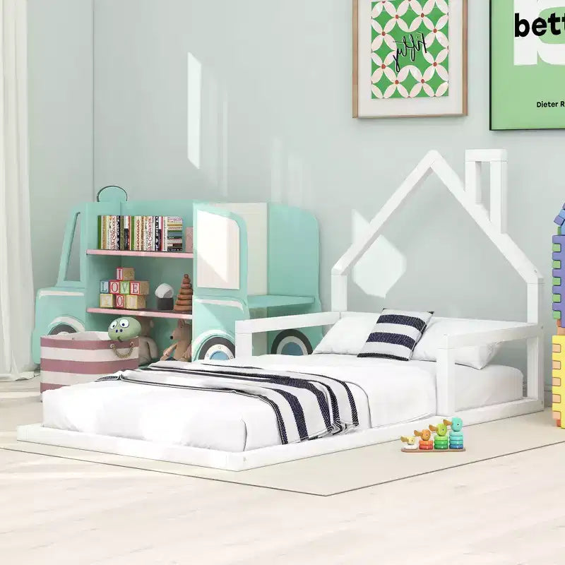 Okak Modern Floor Bed Twin/Full Size Bed Frame with House-Style Headboard, Modern Floor Bed for Toddlers/Kids Bedroom
