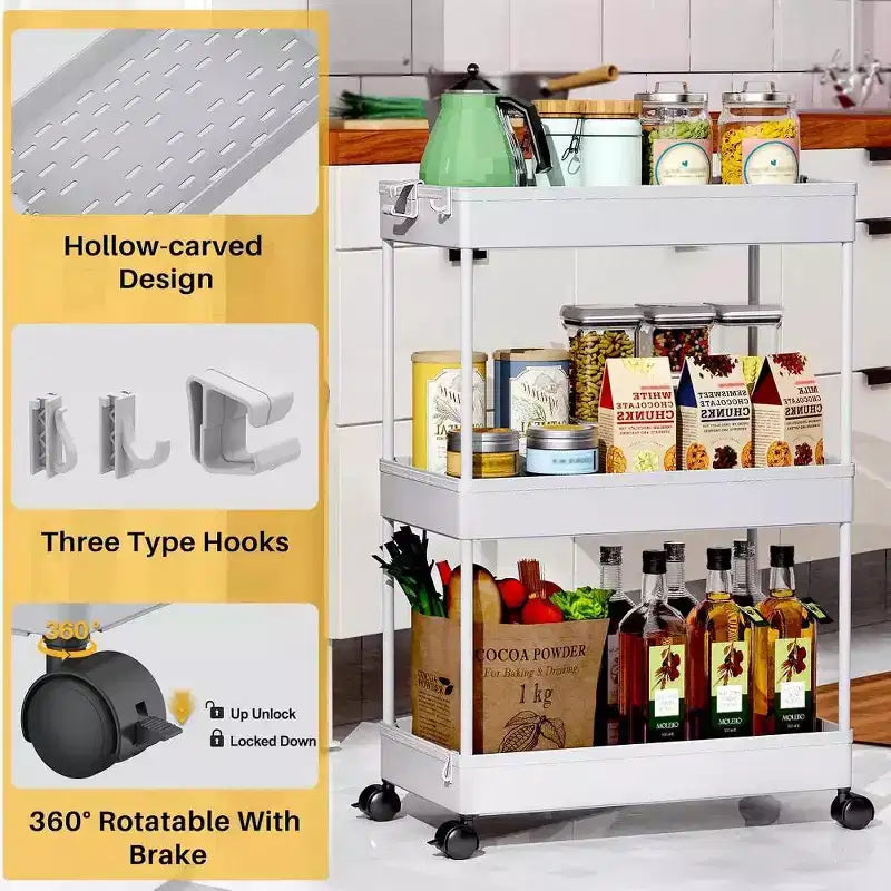 ACOINEL Chariot de Rangement Roulant 3 Niveaux, Chariot de Salle de Bain Organisateur de Buanderie Chariot de Service Étagère Mobile Unité d'Étagères Multi-Fonctionnelles Blanc