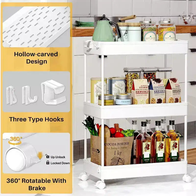 ACOINEL Chariot de Rangement Roulant 3 Niveaux, Chariot de Salle de Bain Organisateur de Buanderie Chariot de Service Étagère Mobile Unité d'Étagères Multi-Fonctionnelles Blanc