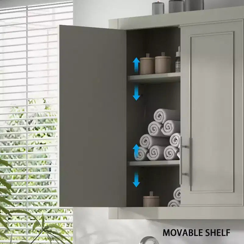 Meuble Mural de Salle de Bain et Cuisine, Armoire à Pharmacie Au-dessus des Toilettes, Meuble de Buanderie avec Portes et Étagères de Rangement, Gris