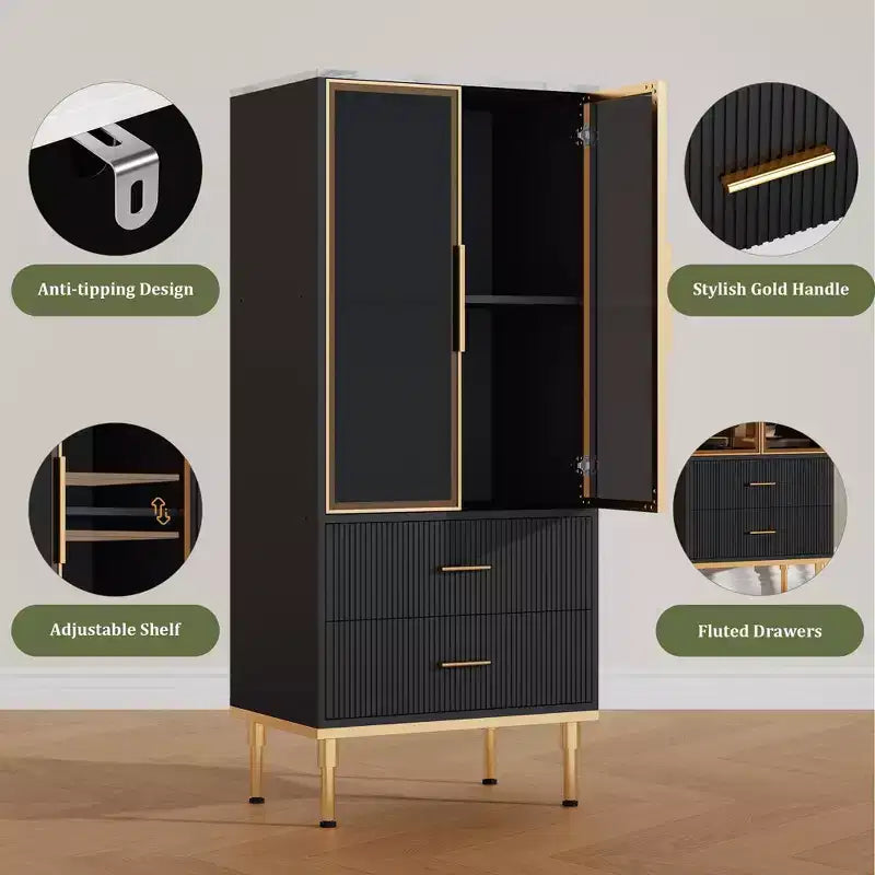 Meuble de rangement avec portes vitrées cannelées – Vitrine moderne avec étagères réglables