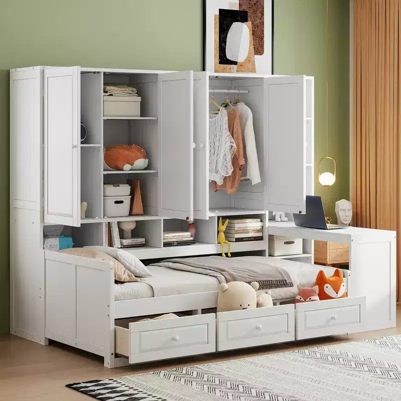Lit de repos en bois double/grand avec bureau, étagères et 3 tiroirs intégrés, meuble compact d'une capacité de 180 kg, blanc/gris - ModernLuxe