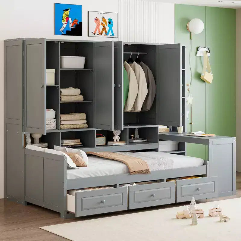 Lit de repos en bois double/grand avec bureau, étagères et 3 tiroirs intégrés, meuble compact d'une capacité de 180 kg, blanc/gris - ModernLuxe
