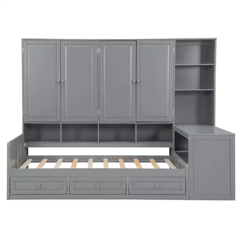 Lit de repos en bois double/grand avec bureau, étagères et 3 tiroirs intégrés, meuble compact d'une capacité de 180 kg, blanc/gris - ModernLuxe