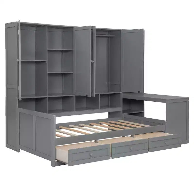 Lit de repos en bois double/grand avec bureau, étagères et 3 tiroirs intégrés, meuble compact d'une capacité de 180 kg, blanc/gris - ModernLuxe