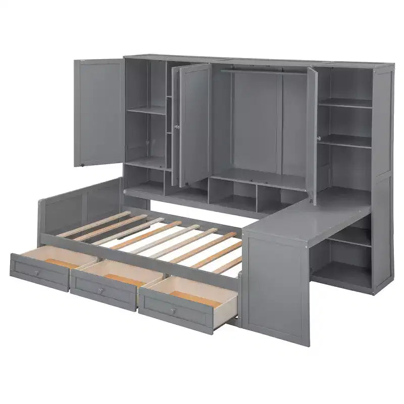 Lit de repos en bois double/grand avec bureau, étagères et 3 tiroirs intégrés, meuble compact d'une capacité de 180 kg, blanc/gris - ModernLuxe