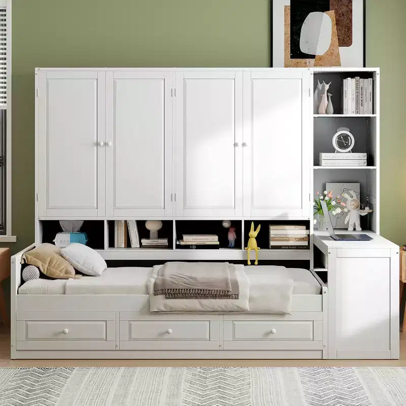 Lit de repos en bois double/grand avec bureau, étagères et 3 tiroirs intégrés, meuble compact d'une capacité de 180 kg, blanc/gris - ModernLuxe