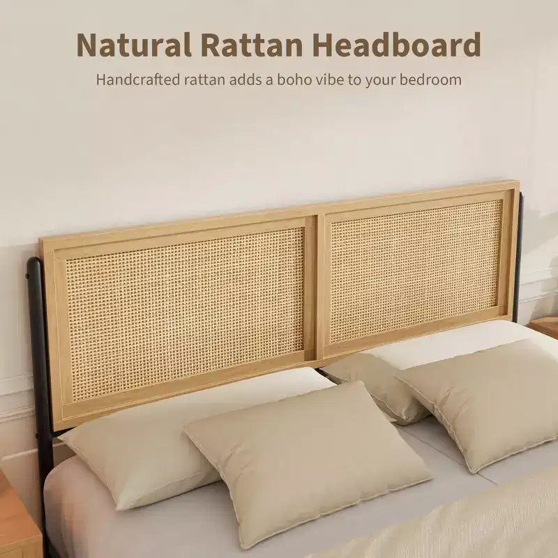 Lit Garvee avec tête et pied de lit en rotin naturel, plateforme en bois sans sommier tapissier, cadre de lit en métal silencieux