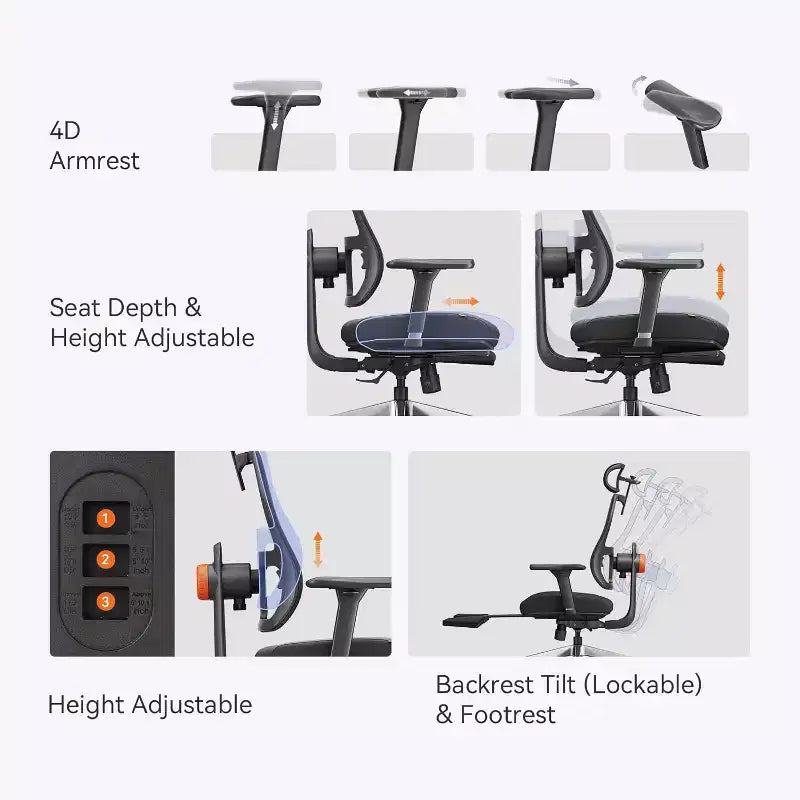 Fauteuil ergonomique Newtral MagicH-BPro avec repose-pieds - Accoudoirs 4D