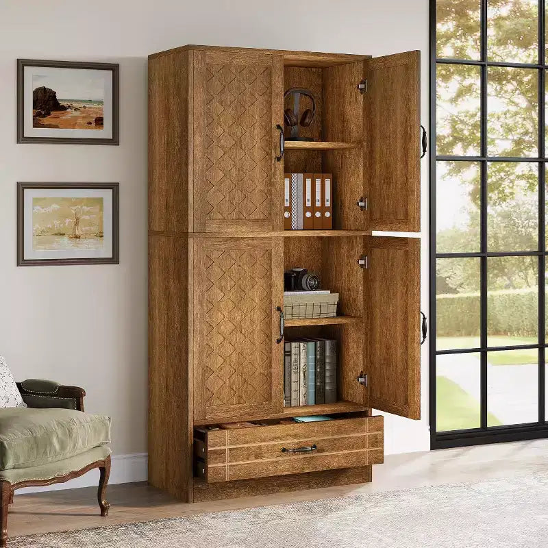 Meuble de rangement Lantine 70 en bois, armoire haute de style rétro avec portes et tiroir