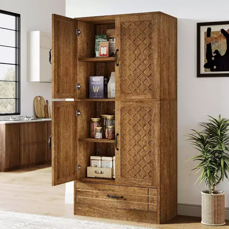 Meuble de rangement Lantine 70 en bois, armoire haute de style rétro avec portes et tiroir