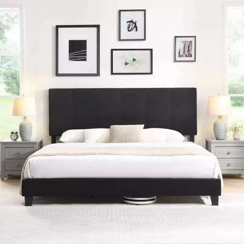 Cadre de lit Okak King Size avec tête de lit en tissu de lin, cadre de lit plateforme rembourré avec support à lattes en bois pour chambre à coucher, noir