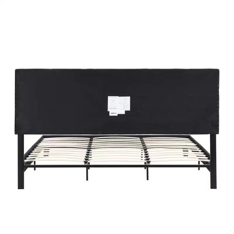 Cadre de lit Okak King Size avec tête de lit en tissu de lin, cadre de lit plateforme rembourré avec support à lattes en bois pour chambre à coucher, noir