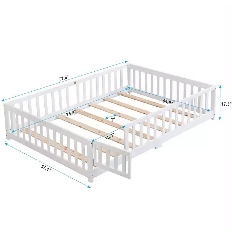 Lit double Okak avec tête de lit, Cadre de lit plateforme en bois massif avec barrière, Convient aux enfants, Bois de pin, Blanc