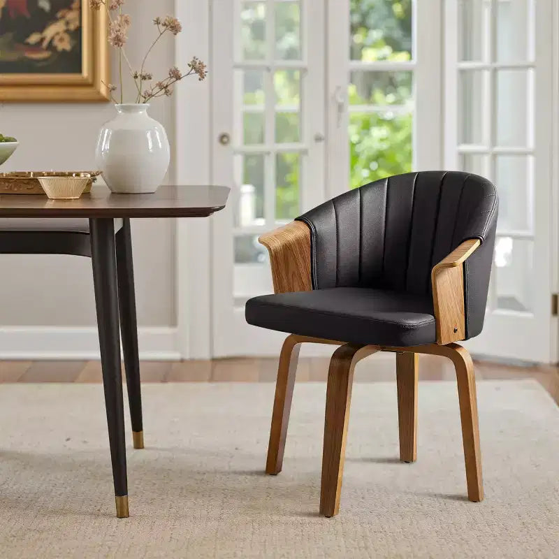 Chaise de salle à manger pivotante Art Leon Mid-Century Modern en cuir PU et pieds en peuplier