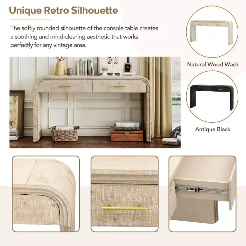 Console rétro unique à silhouette ouverte, deux tiroirs supérieurs pour l'entrée, la salle à manger, le salon (bois naturel blanchi)