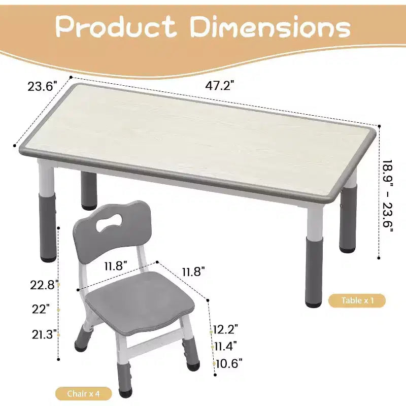 Ensemble Table et 4 Chaises pour Enfants, Table et Chaises Réglables en Hauteur pour Tout-Petits, Mobilier de Jeu pour Enfants pour la Lecture, le Dessin