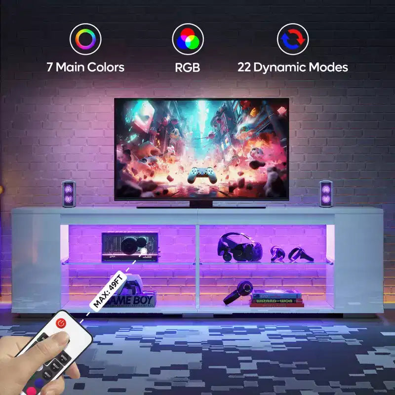 PINMOCO Meuble TV laqué brillant de 178 cm pour téléviseurs jusqu'à 80 pouces avec éclairage LED et étagères latérales réglables Meuble multimédia