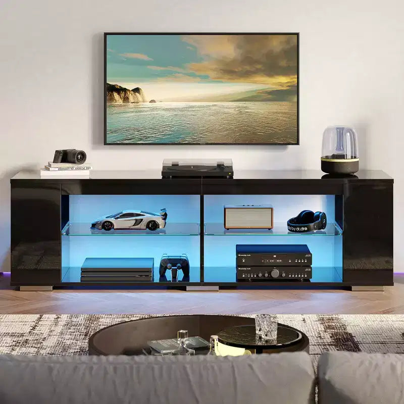 PINMOCO Meuble TV laqué brillant de 178 cm pour téléviseurs jusqu'à 80 pouces avec éclairage LED et étagères latérales réglables Meuble multimédia