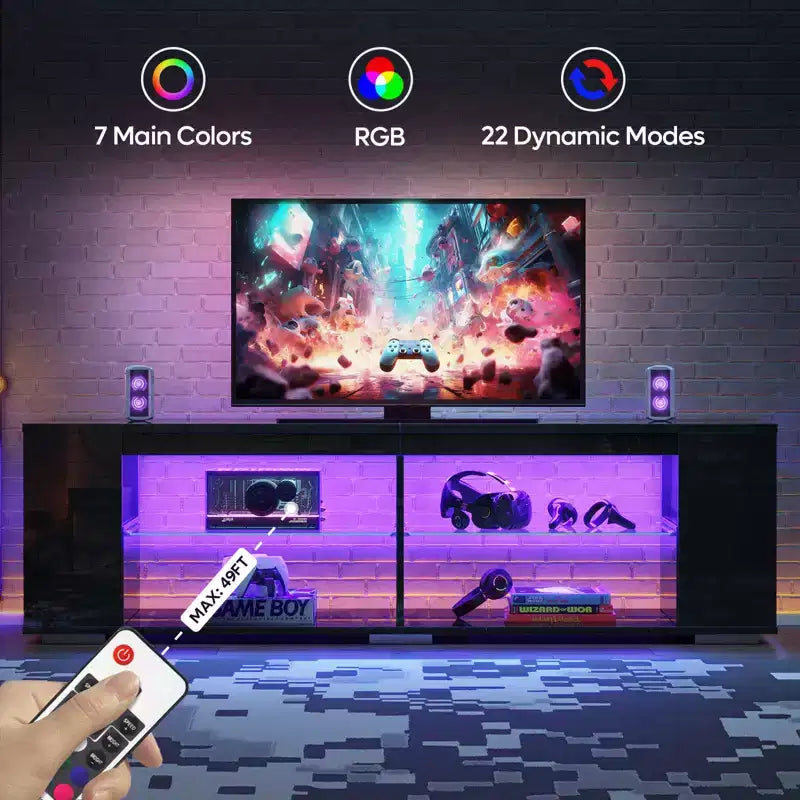 PINMOCO Meuble TV laqué brillant de 178 cm pour téléviseurs jusqu'à 80 pouces avec éclairage LED et étagères latérales réglables Meuble multimédia