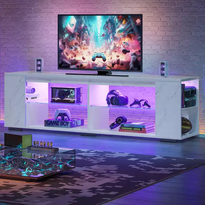PINMOCO Meuble TV laqué brillant de 178 cm pour téléviseurs jusqu'à 80 pouces avec éclairage LED et étagères latérales réglables Meuble multimédia