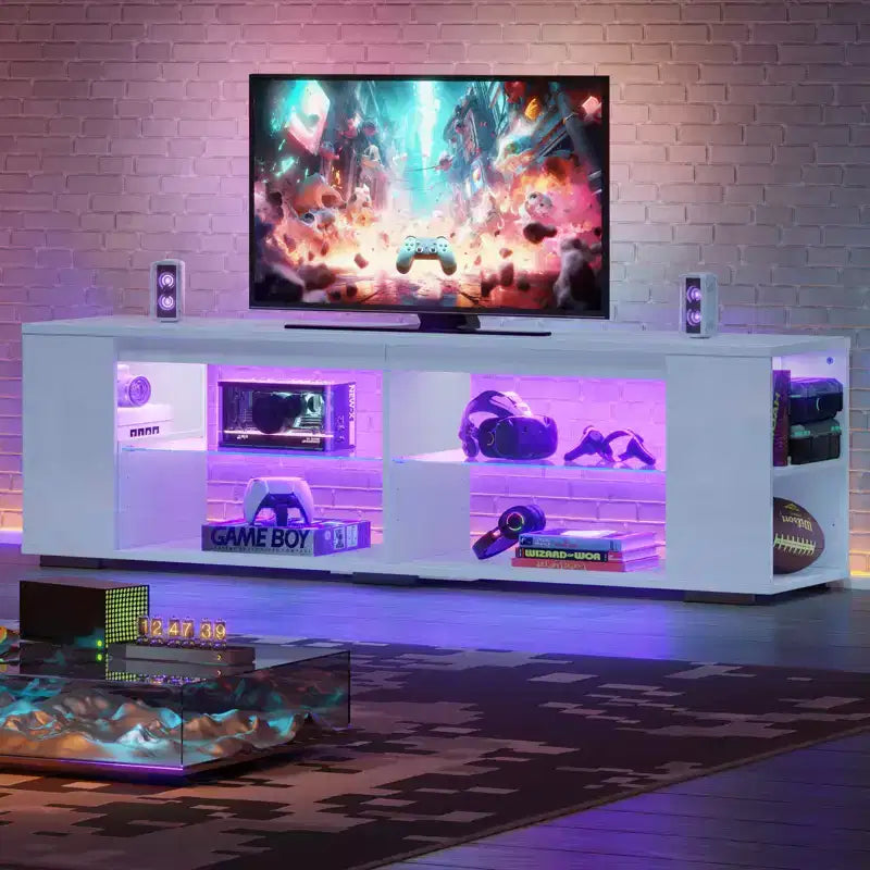 PINMOCO Meuble TV laqué brillant de 178 cm pour téléviseurs jusqu'à 80 pouces avec éclairage LED et étagères latérales réglables Meuble multimédia