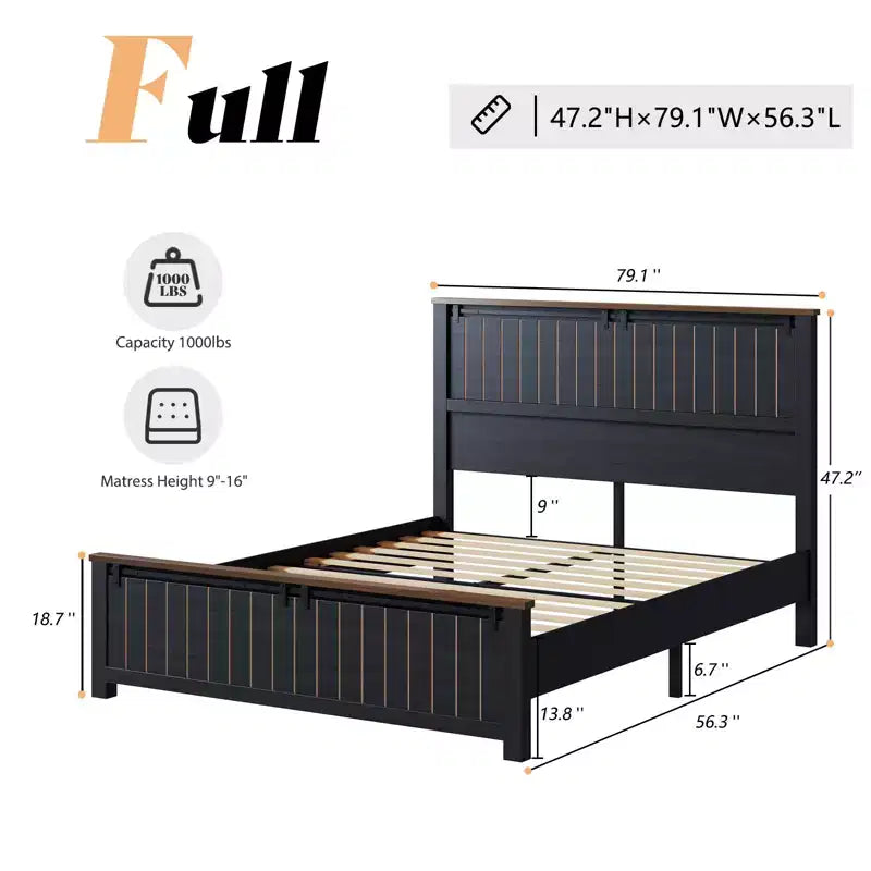 AMERLIFE Lit de style ferme avec tête de lit de 119 cm de haut et portes de grange coulissantes