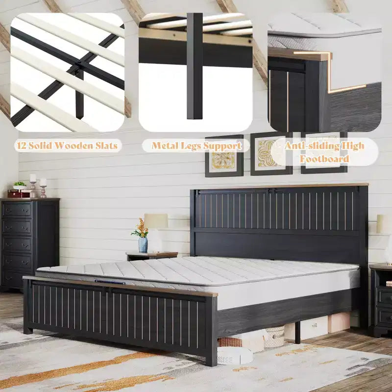 AMERLIFE Lit de style ferme avec tête de lit de 119 cm de haut et portes de grange coulissantes
