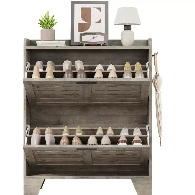 Meuble à chaussures pour entrée, meuble à chaussures avec 2 tiroirs basculants, meuble de rangement à chaussures fin de style ferme avec crochets pour entrée, couloir, porte d'entrée