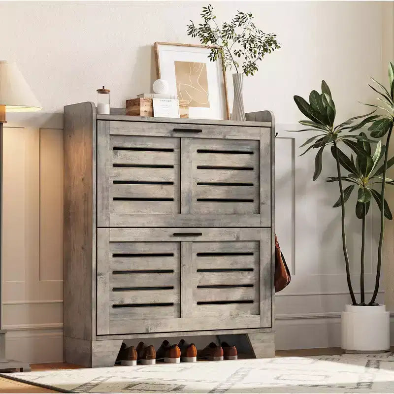 Meuble à chaussures pour entrée, meuble à chaussures avec 2 tiroirs basculants, meuble de rangement à chaussures fin de style ferme avec crochets pour entrée, couloir, porte d'entrée