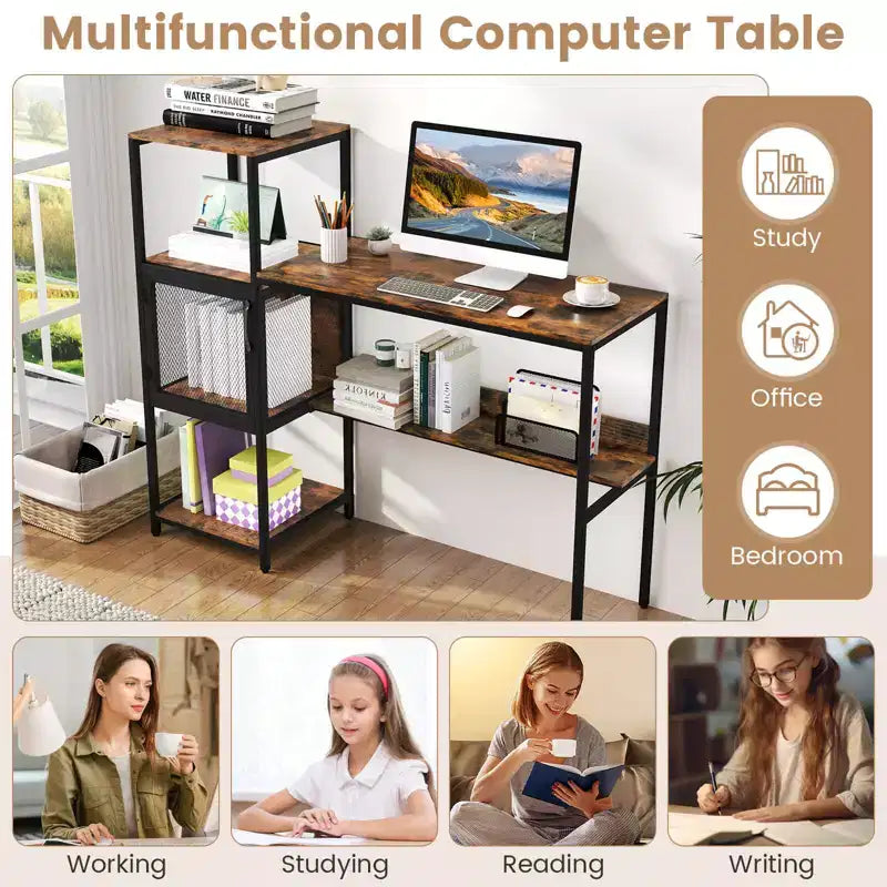 Bureau informatique Costway avec étagère, grand plateau large, étagères de rangement, cadre en métal