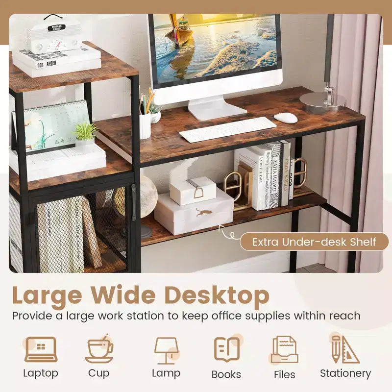 Bureau informatique Costway avec étagère, grand plateau large, étagères de rangement, cadre en métal