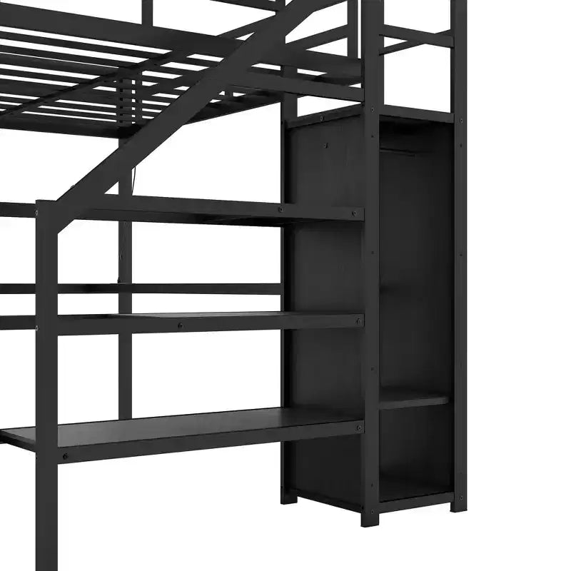 Okak Lit superposé haut en métal Full XL avec bureau en L et USB, cadre de lit robuste avec armoire et étagère réglable LED pour adultes, adolescents, enfants, noir