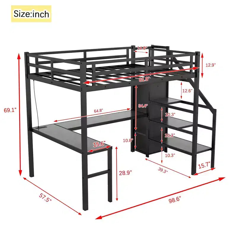 Okak Lit superposé haut en métal Full XL avec bureau en L et USB, cadre de lit robuste avec armoire et étagère réglable LED pour adultes, adolescents, enfants, noir