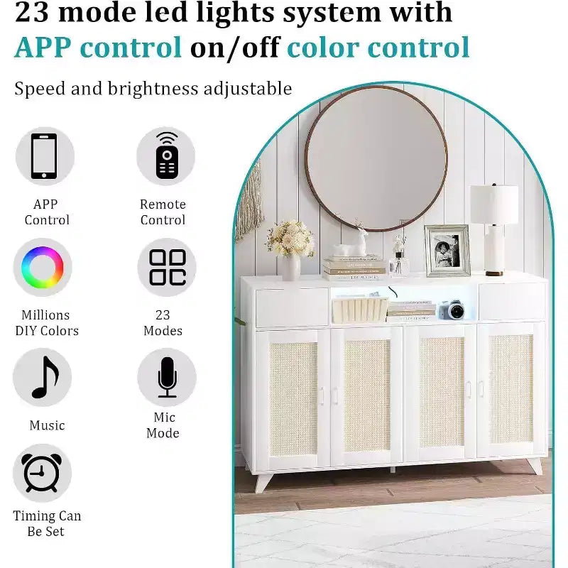 Meuble de buffet Acekool avec station de recharge et lumières LED - Rangement réglable pour cuisine, salle à manger et salon (noir)
