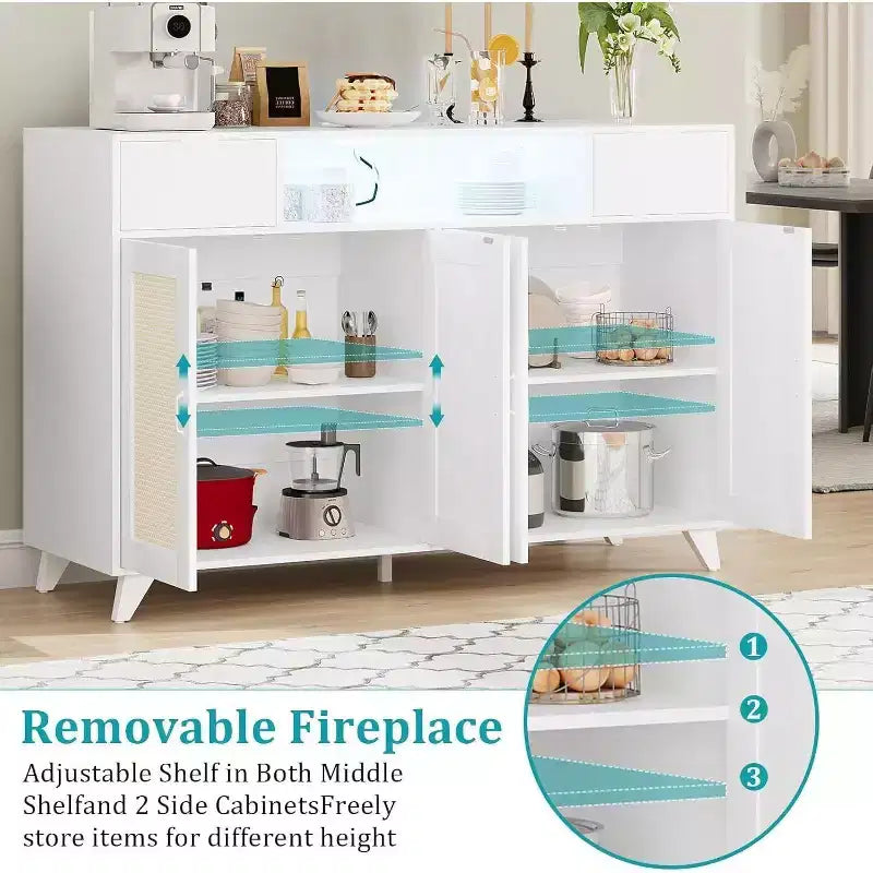 Meuble de buffet Acekool avec station de recharge et lumières LED - Rangement réglable pour cuisine, salle à manger et salon (noir)