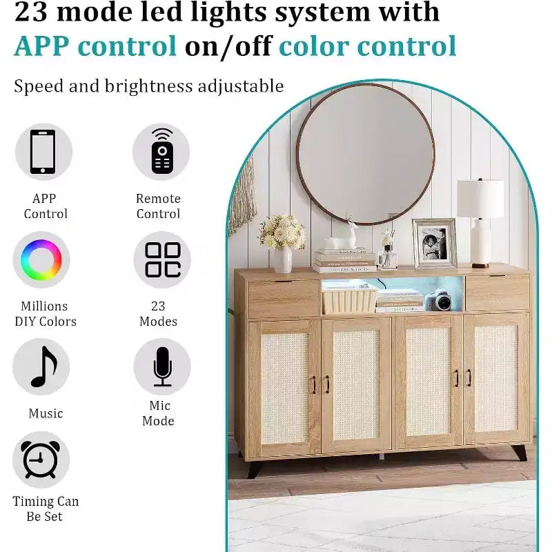 Meuble de buffet Acekool avec station de recharge et lumières LED - Rangement réglable pour cuisine, salle à manger et salon (noir)