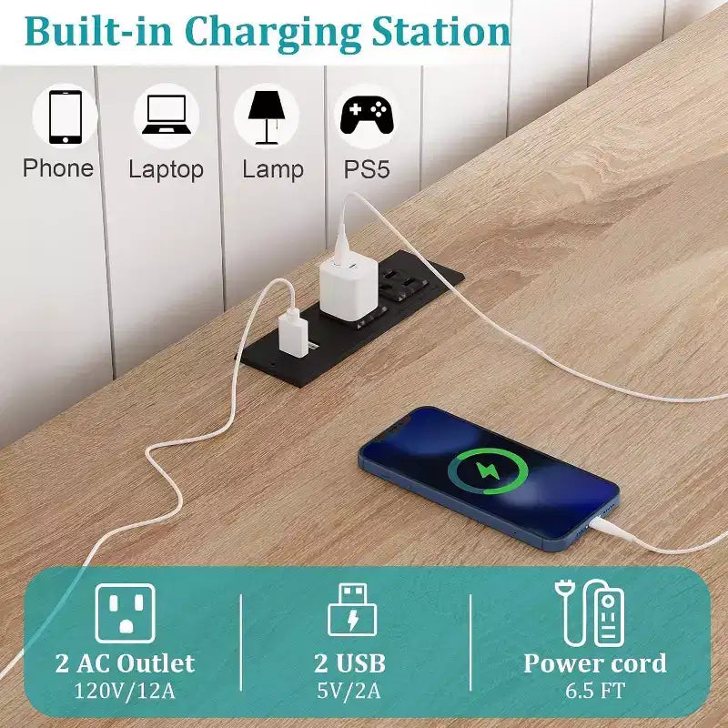 Meuble de buffet Acekool avec station de recharge et lumières LED - Rangement réglable pour cuisine, salle à manger et salon (noir)
