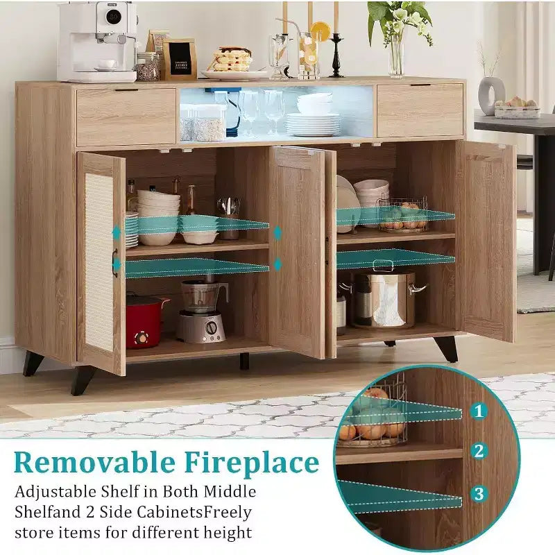 Meuble de buffet Acekool avec station de recharge et lumières LED - Rangement réglable pour cuisine, salle à manger et salon (noir)