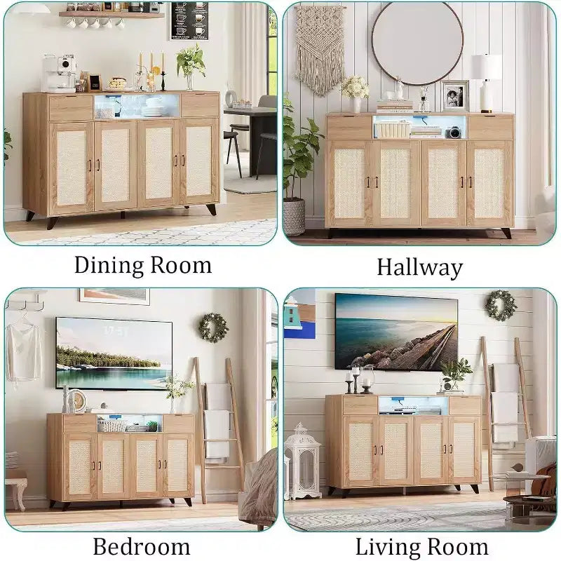 Meuble de buffet Acekool avec station de recharge et lumières LED - Rangement réglable pour cuisine, salle à manger et salon (noir)