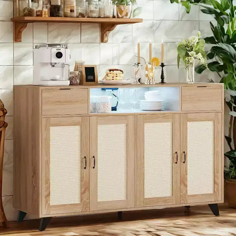Meuble de buffet Acekool avec station de recharge et lumières LED - Rangement réglable pour cuisine, salle à manger et salon (noir)