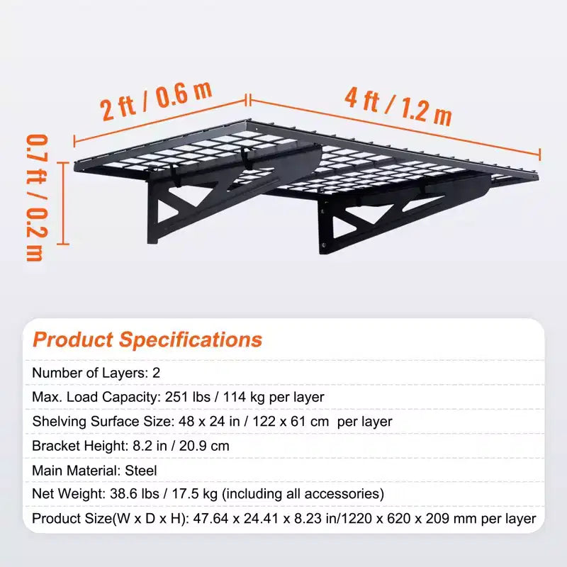 Étagères de rangement de garage VEVOR, lot de 2, étagères de garage murales robustes de 122 x 61 cm, capacité de charge de 227 kg (au total), porte-charges de garage